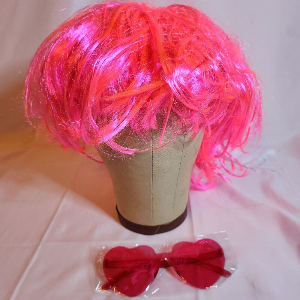 Peach Red Pink Short Bob Wig Heart Sunglasses Set Cosplay Halloween
